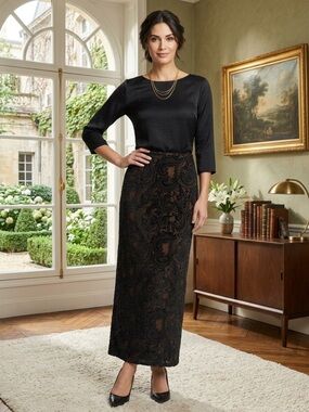 Free People Black and Brown Paisley Lace Maxi Skirt
